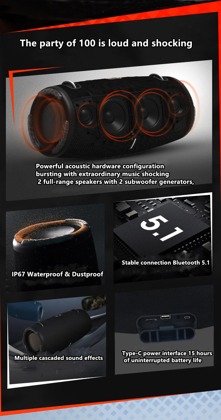 High power bluetooth speaker portable RGB colorful light waterproof wireless subwoofer 360 stereo surround TWS FM boombox