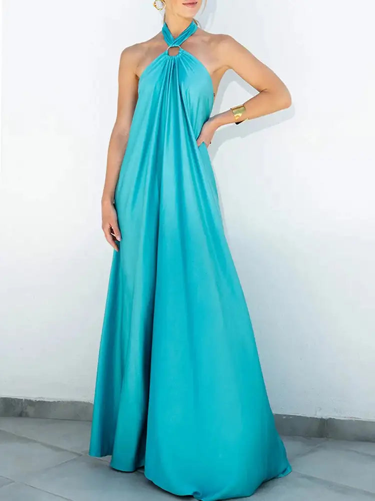 Elegant Women Solid Maxi Beach Dress Sexy Halter Neck Backless Lady Party Dress 2025 Summer Sleeveless Loose Long Dress Vestidos - Lootquake