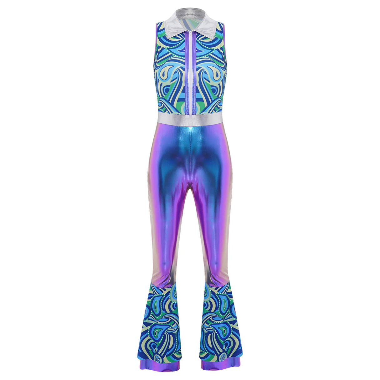 Womens Halloween Retro Hippie Cosplay Costume Party Hip-hop Dance Costume Metallic Shiny Vintage Carnival Bodysuit Jumpsuit