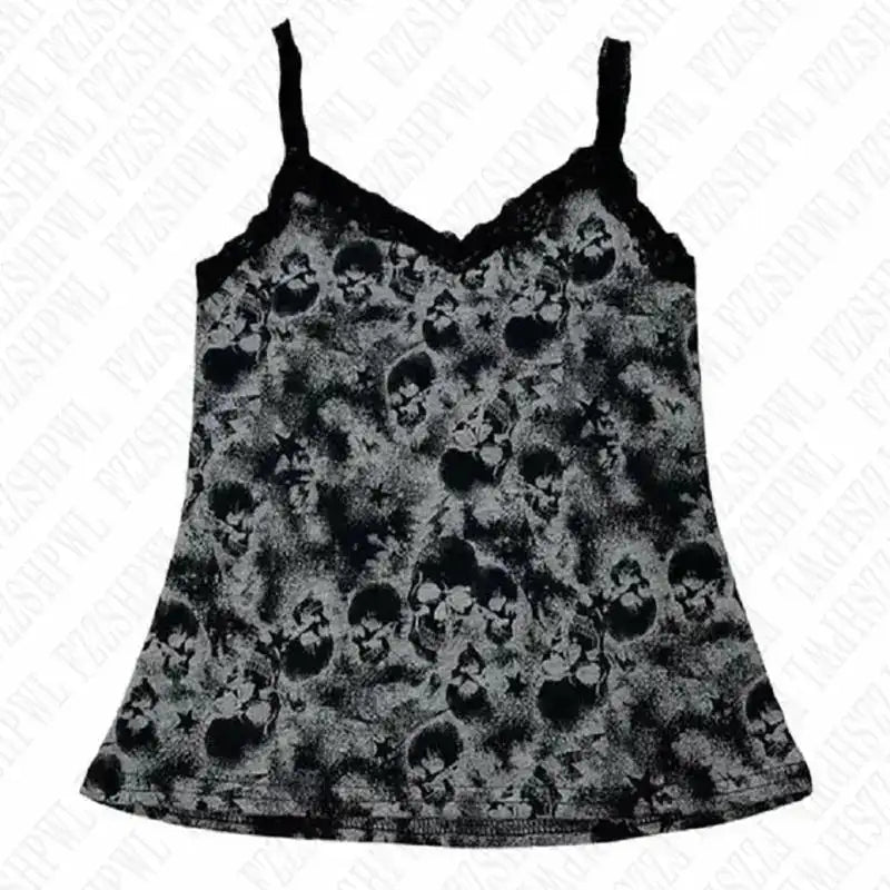 Women Rock Goth Skull Harajuku Graphic Print Lace Y2k Tank Top Streetwear Hip Hop Crop top Sexy Punk Fashion Sleeveless Top EMO - Lootquake