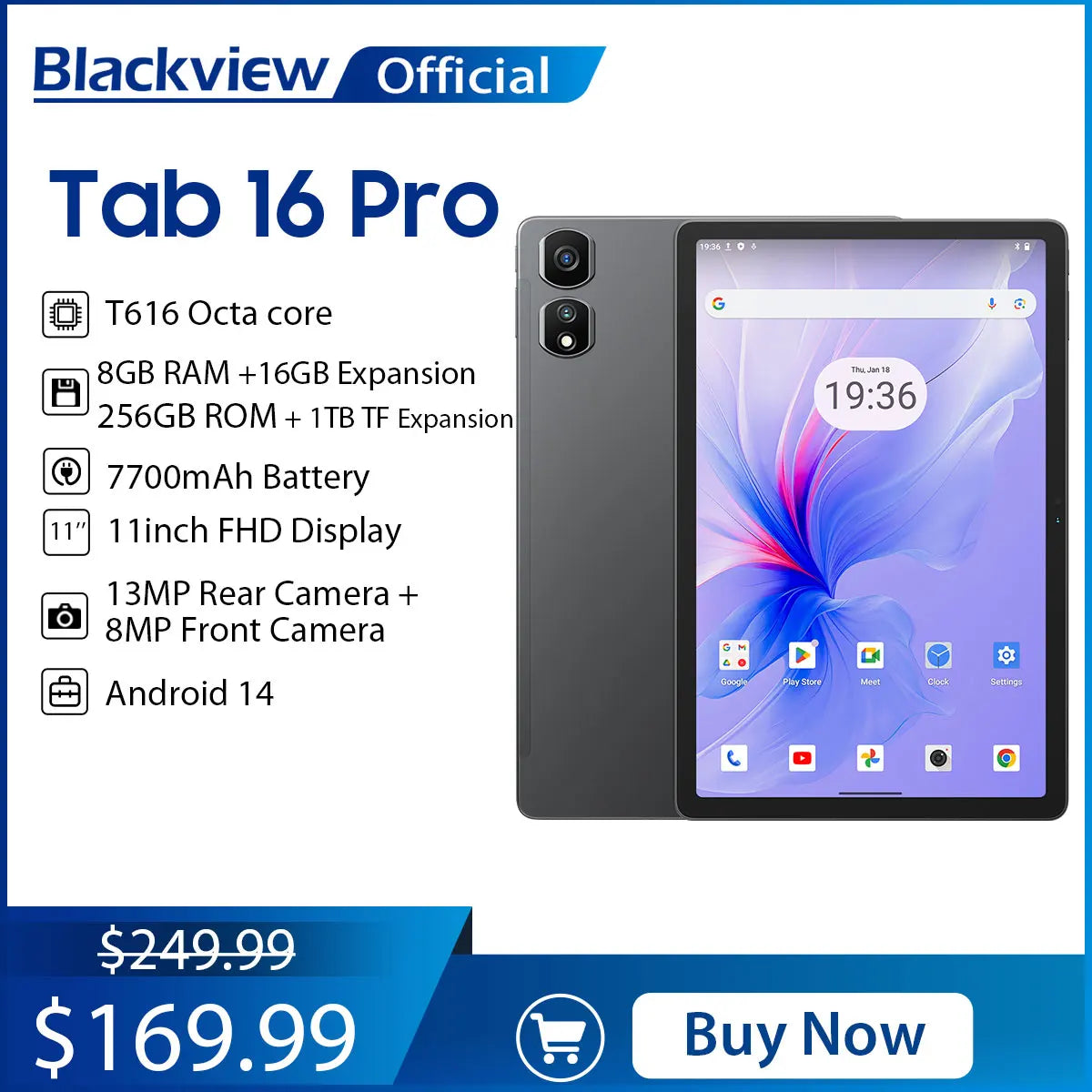 Tablette PC Blackview Tab 16 Pro 11'' FHD+ T616 Octa Core 24 Go (8+16) RAM 256 Go ROM 7700 mAh 4G Tablettes Android 14