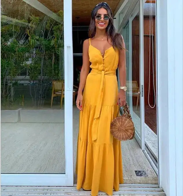 Elegant and Sexy Summer Women's V-neck Beach Dress with High Waist Waist Waist Waist Belt and Sling Long Dress for Party - Lootquake