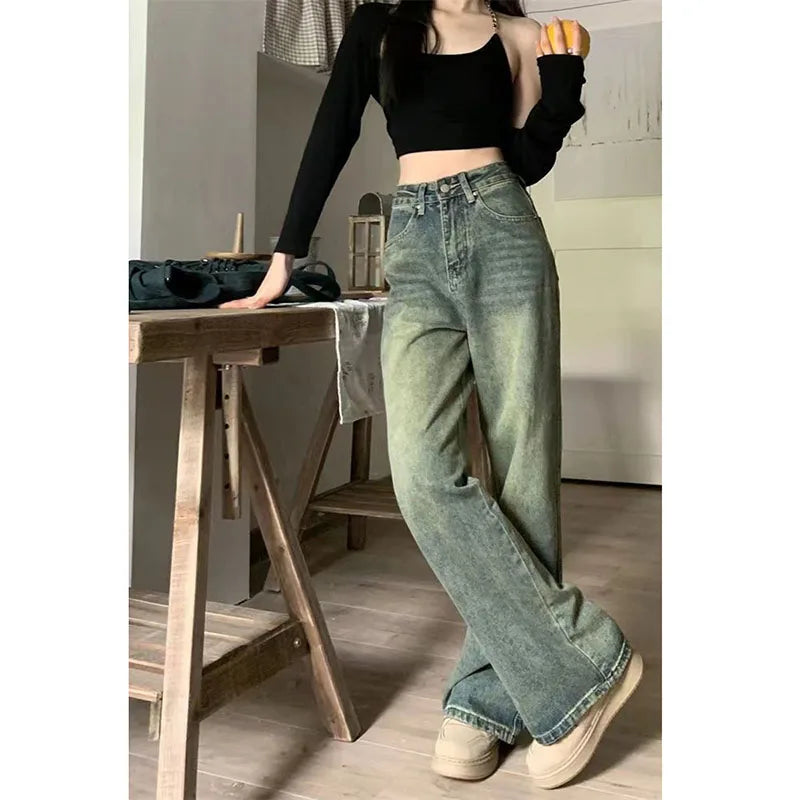 Vintage 90S Baggy Straight Denim Trousers Female Y2K High Waist Loose Wide Leg Jeans Women Streetwear All-Match Casual Pants New - Lootquake