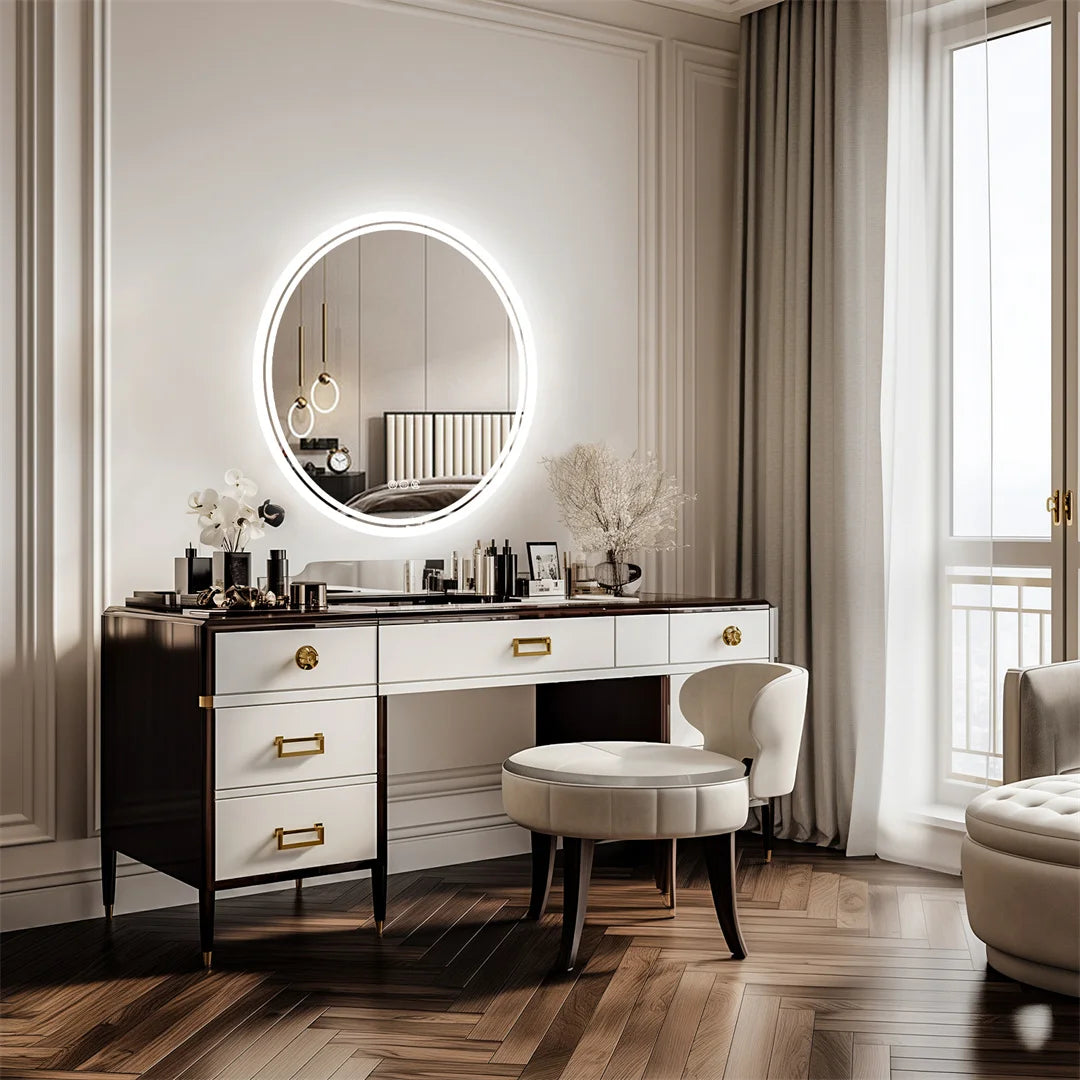 Espejo de baño grande LUVODI de 80 cm, redondo, con luz LED, retroiluminación, función táctil, encendido y apagado, atenuación, antivaho, para montar en la pared.