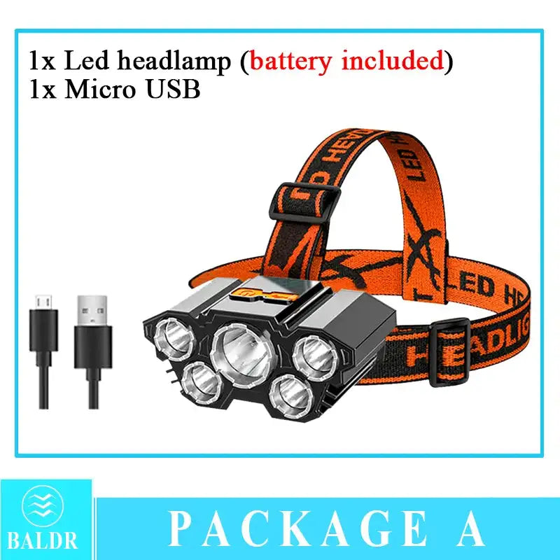5LED Headlamp Rechargeable With Built In 18650 Battery Strong Light Long Range Torch Outdoor Camping Adventure Fishing HeadLight - Lootquake