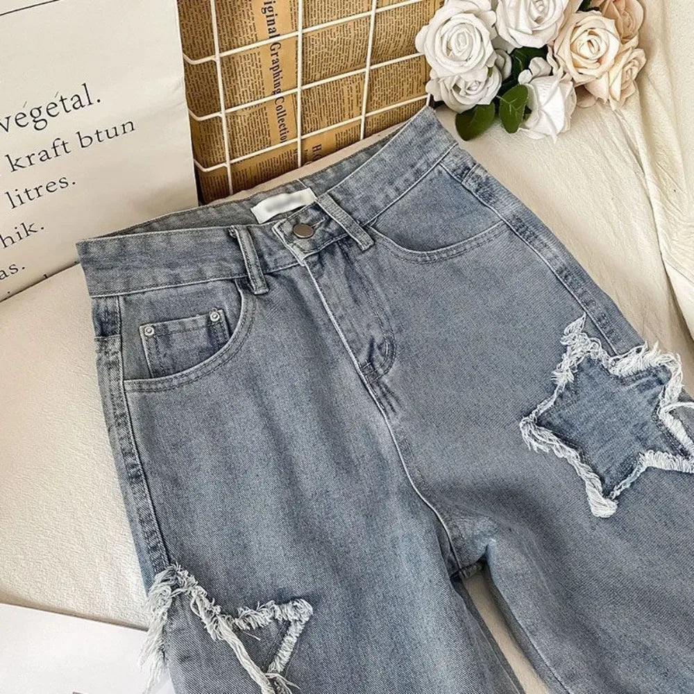 Denim Popular Ins Fashion Korean WIth Star Spring Autumn New High Waist Straight Leg Loose Fitting Jeans - Lootquake
