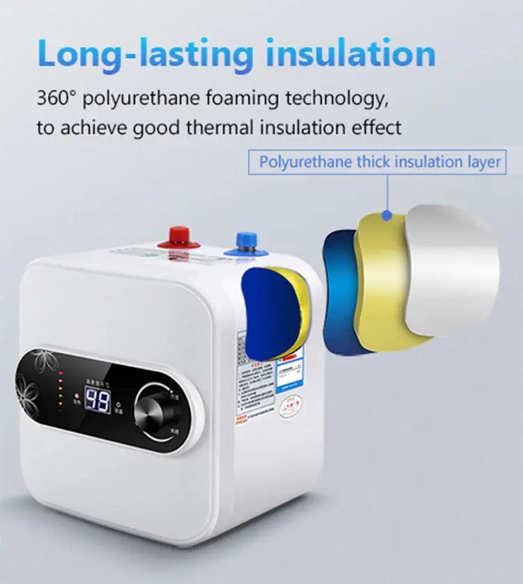 Chauffe-eau électrique instantané à stockage d'eau de 8 L, isolation thermique rapide, affichage numérique, bouton de contrôle du thermostat, entrée d'eau haut/bas