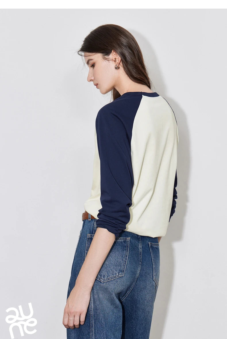 TOYOUTH Women T-shirt 2024 Autumn New Denim Bow Contrasting Color Raglan Sleeve Pullover Casual Tops - Lootquake