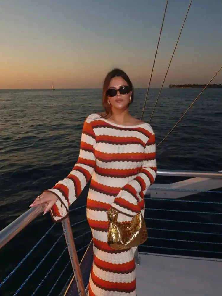 Striped Knitted Long Dress Women O-neck Backless Hollowed Out Long Sleeves Lady Bodycon Dress 2024 Spring Summer Vacation Robe - Lootquake
