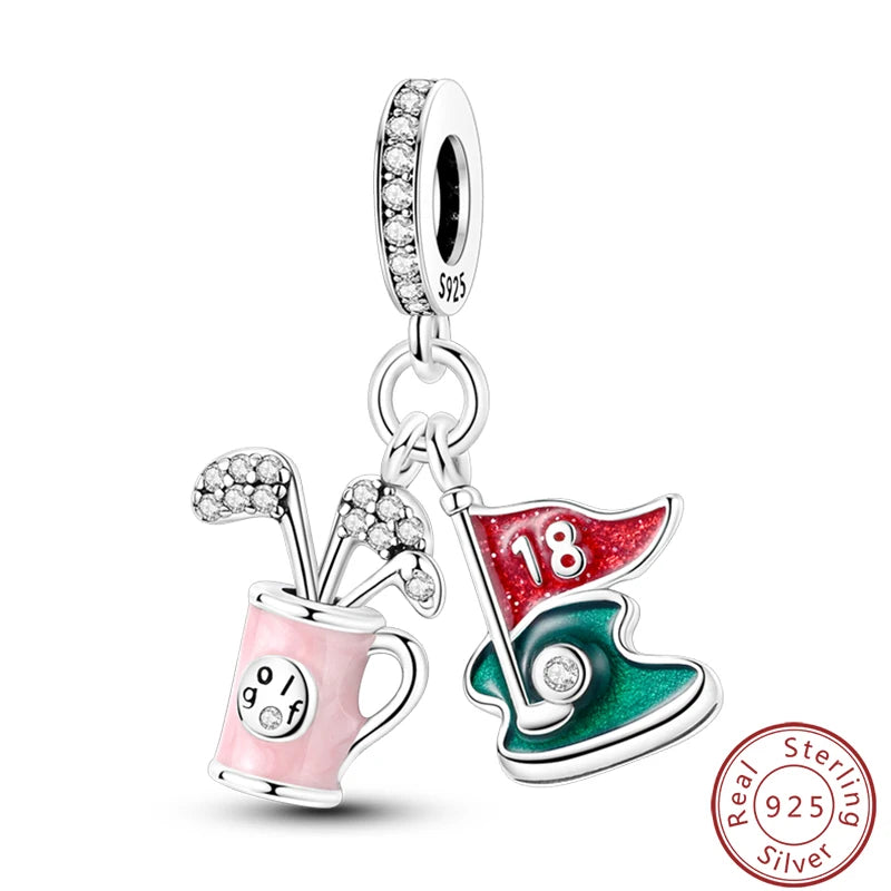 Ensemble de trois breloques en argent sterling S925, perles de 3 mm, motif princesse, golf, hamster, appareil photo, voyage, fabrication de bijoux fins