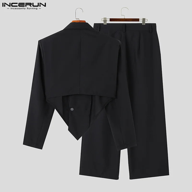 INCERUN 2023 Men Sets Solid Color Autumn Lapel Long Sleeve Irregular Blazer & Pants 2PCS Streetwear Fashion Men's Casual Suits - Lootquake