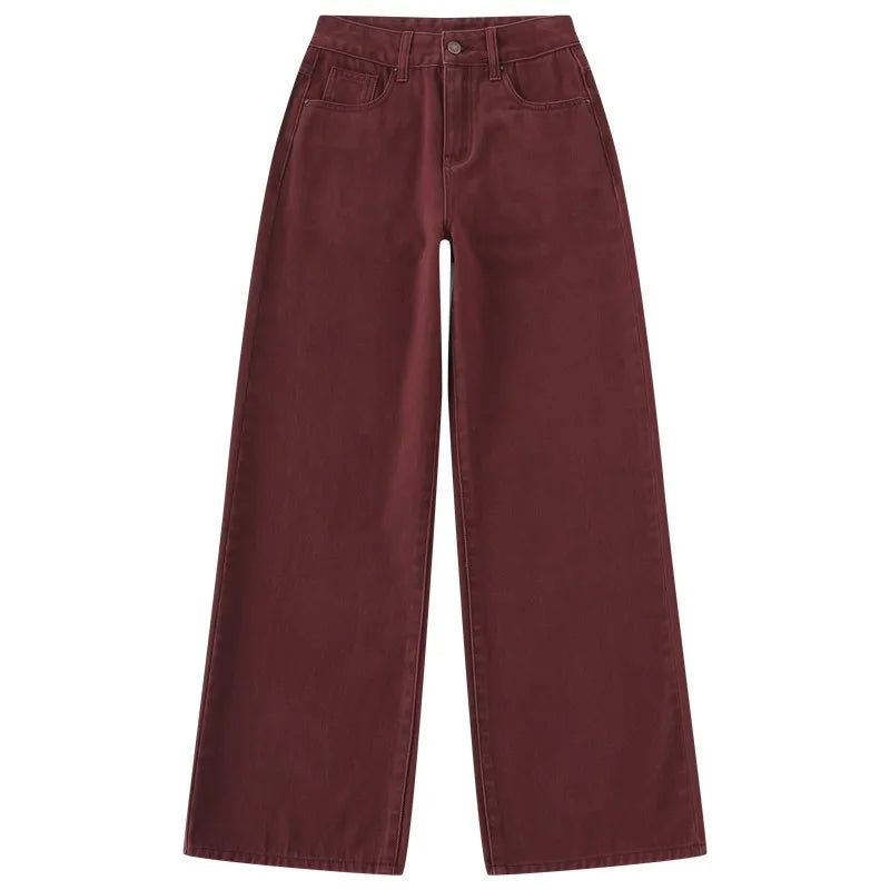FINEWORDS Retro Angela Red Winter Jeans Women Thicken Cashmere High Waist Baggy Jeans Streetwear Casual Wide Leg Denim Pants - Lootquake