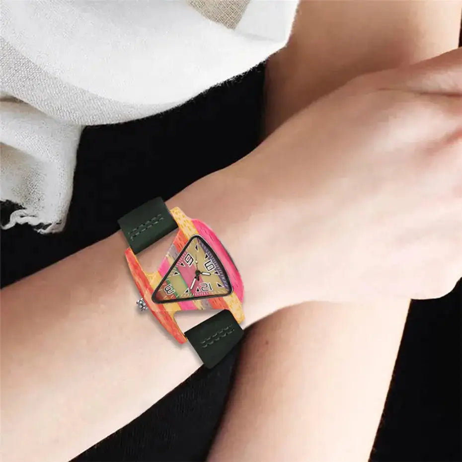 Unique Triangle Women's Wood Watch Creative Colorful Lady Green/ Red Genuine Leather Wristwatch Elegant Womens Watches Top Gifts - Lootquake