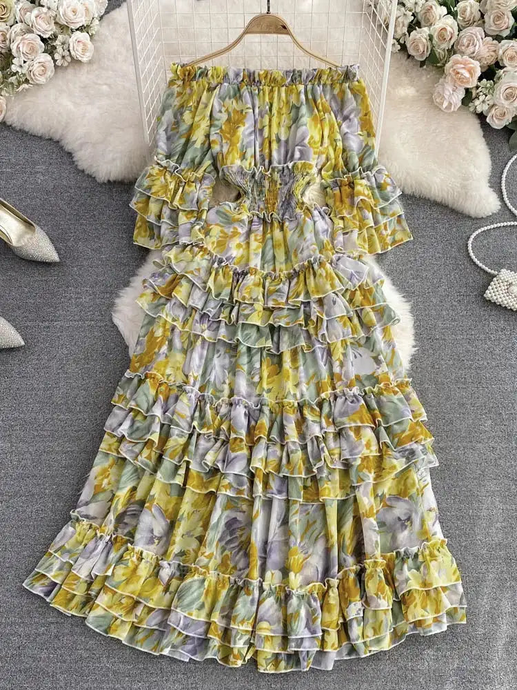 Summer New Off Shoulder Wrap Waist to Show Thin A-line Fragmented Cake Dress Women's Beach Vacation Chiffon Long Dress GD820 - Lootquake