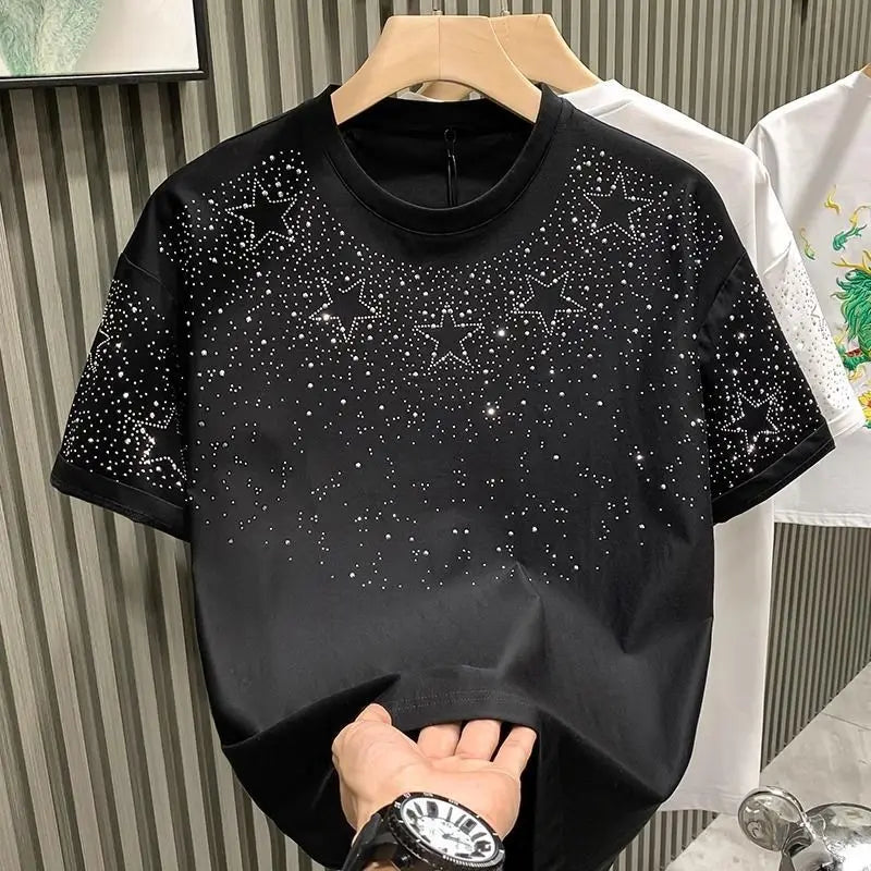Summer Rhinestone Rivet T-shirt for Men Clothing Round Neck Casual T-shirt Fashion High Street 2024 Men's Summer Short Sleeves - Lootquake