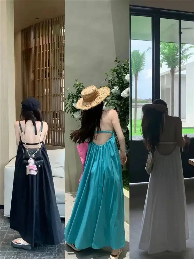 Summer Vacation Dress Thailand Style Open-back Halter Neck Age-reducing Photography Beach Long Dress Belted - Lootquake