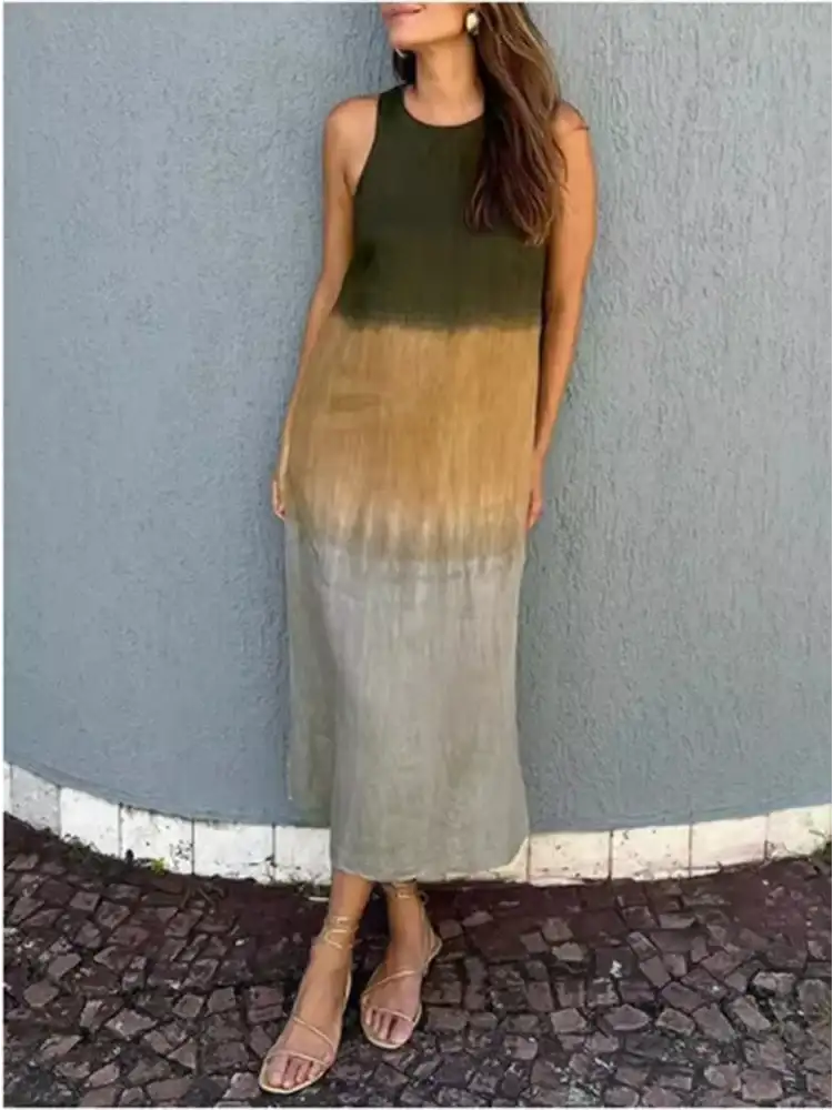 Fashion Vest Long Dress Women Summer Sleeveless o Neck Dress Summer Gradient Casual Dresses - Lootquake