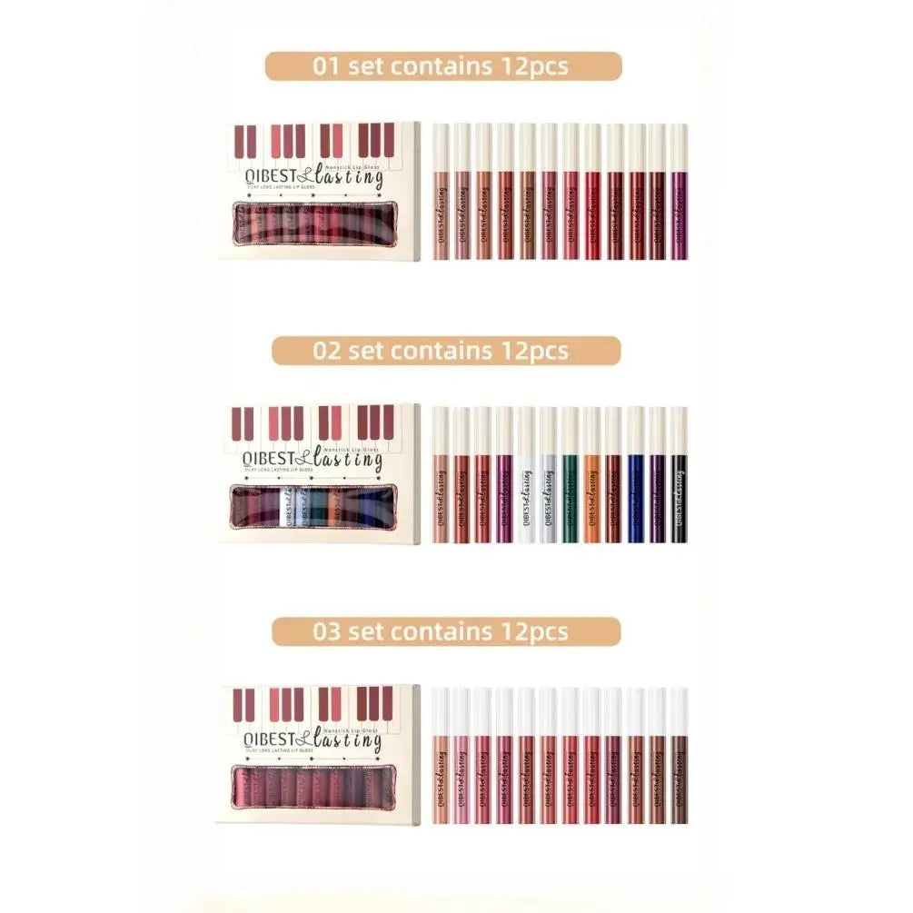 Coffret de gloss mat de luxe, 12 teintes waterproof, non collant, longue tenue, pour un maquillage de fête quotidien