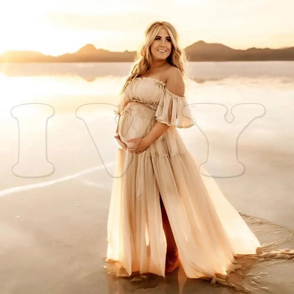 Maternity Dress For Photoshoot Pregnancy Off Shoulder Ruffled Semi Transparent Chiffon Long Dress Photography Dress For Women - Lootquake