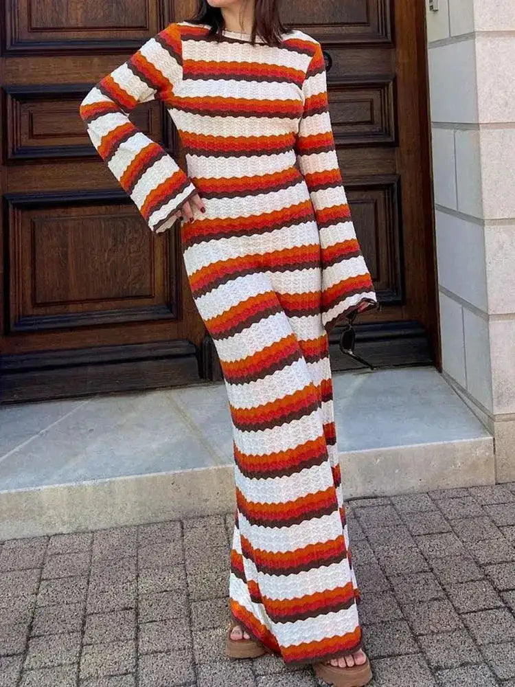 Striped Knitted Long Dress Women O-neck Backless Hollowed Out Long Sleeves Lady Bodycon Dress 2024 Spring Summer Vacation Robe - Lootquake