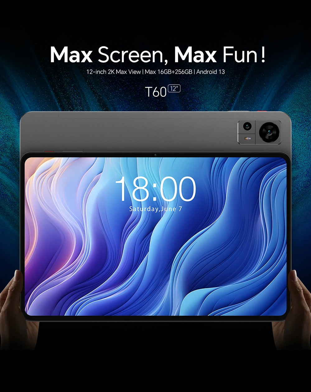 Écran extra large, tablette TECLAST T60, 12'' 2K FHD 2000x1200, Android 13, (8GB + 8GB) 16GB RAM, ROM 256GB, 8000mAh, charge rapide UNISOC T616 8 cœurs 4G VoLTE Wifi 13MP + 5MP