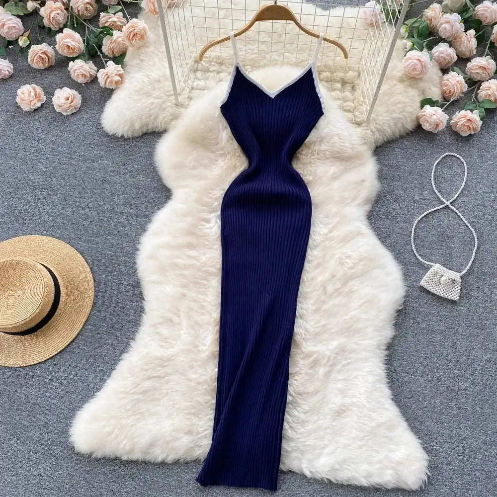 Summer V Neck Knit Sexy Strap Dress Women Elatic Waist Bodycon Sundress Female Beach Backless Maxi Long Dress - Lootquake