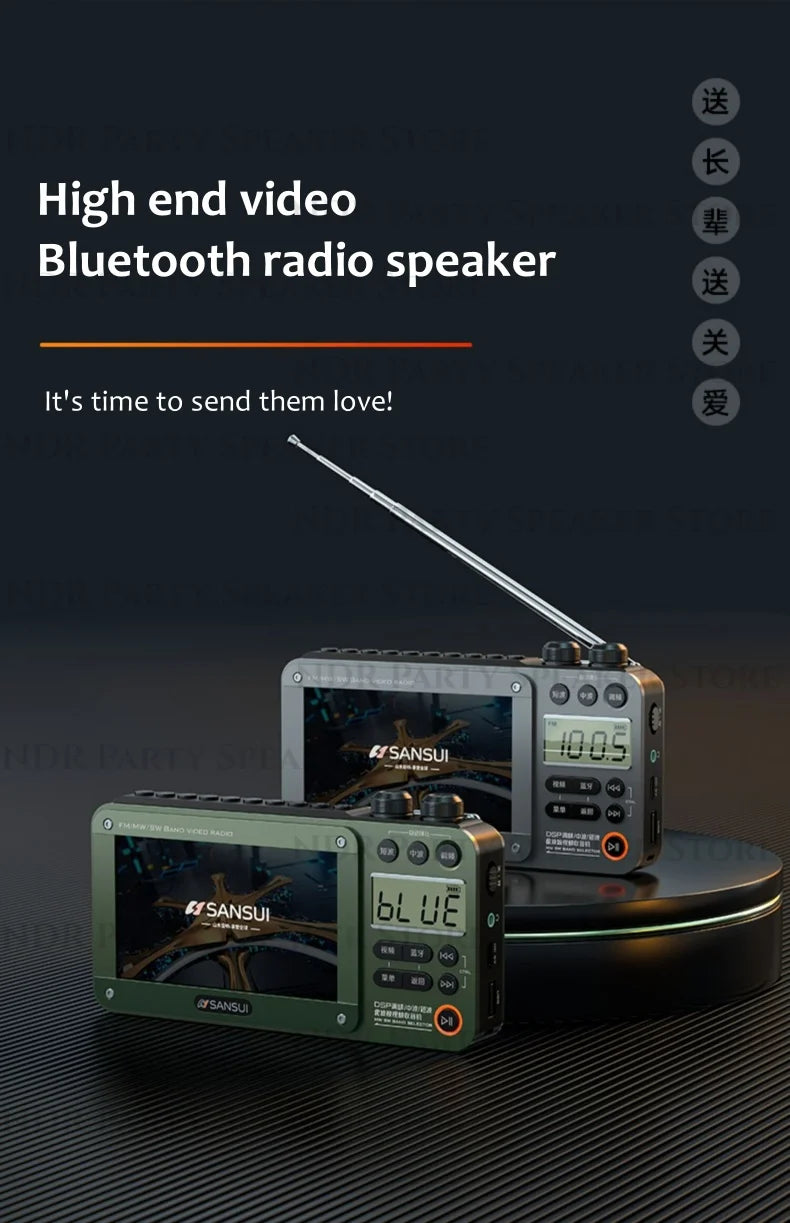 Enceintes Bluetooth sans fil SANSUI, radio pleine bande, lecteur vidéo LED HD, baladeur MP4 portable, batterie rechargeable intégrée