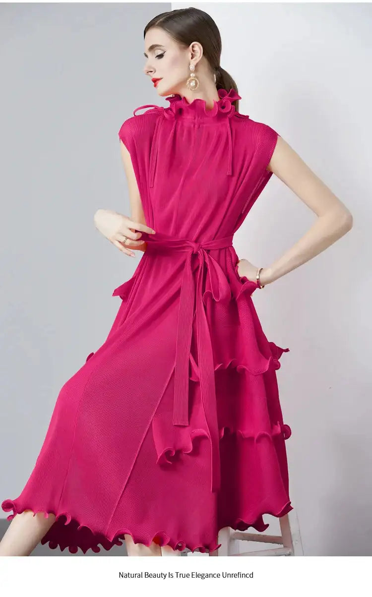 Miyake Pleated Shoulder Bag Heavy Industry Wood Ear Edge Pleated Lace-up Belt Long Dress Stand Collar Plus Size Women's Clothing - Lootquake