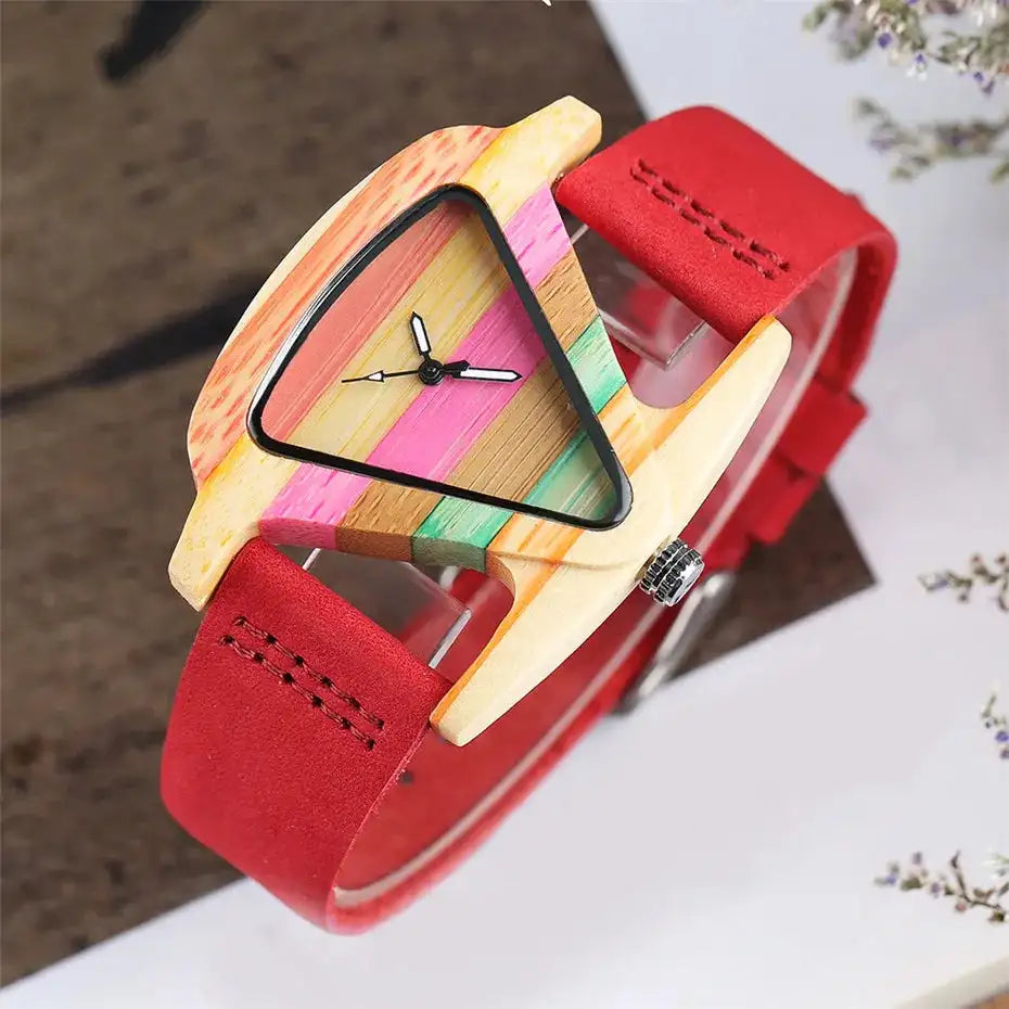 Unique Triangle Women's Wood Watch Creative Colorful Lady Green/ Red Genuine Leather Wristwatch Elegant Womens Watches Top Gifts - Lootquake