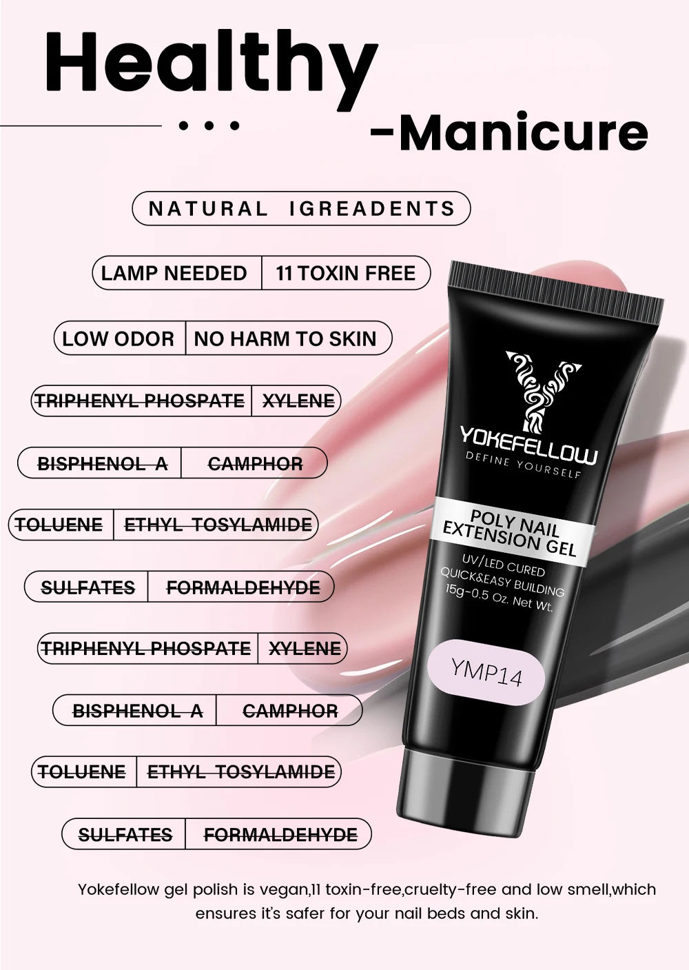 Esmalte de uñas en gel YOKEFELLOW de 15 g, color rosa nude, transparente, para construcción, extensión, remojo, UV LED, acrílico.