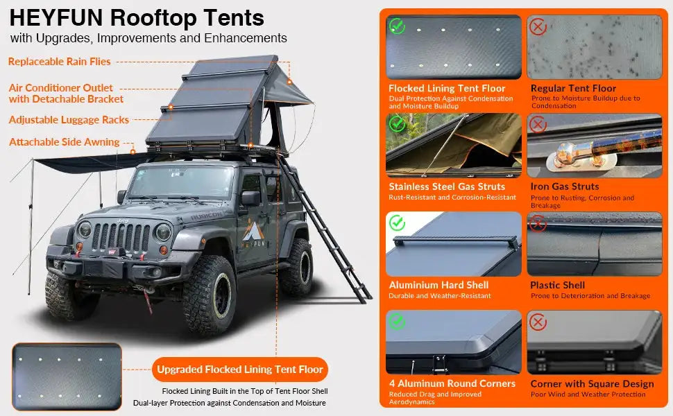 Adventurer Plus Rooftop Tent Hardshell with Side Awning, Air Conditioner Outlet with Bracket, Replaceable Rain Flies - Lootquake