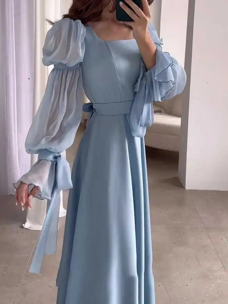 Eid Muslim Party Dress Women Sweet Puff Sleeve Long Dress Square Collar Vestidos Largo Ramadan Abayas Dubai Arab Long Robe 2024 - Lootquake