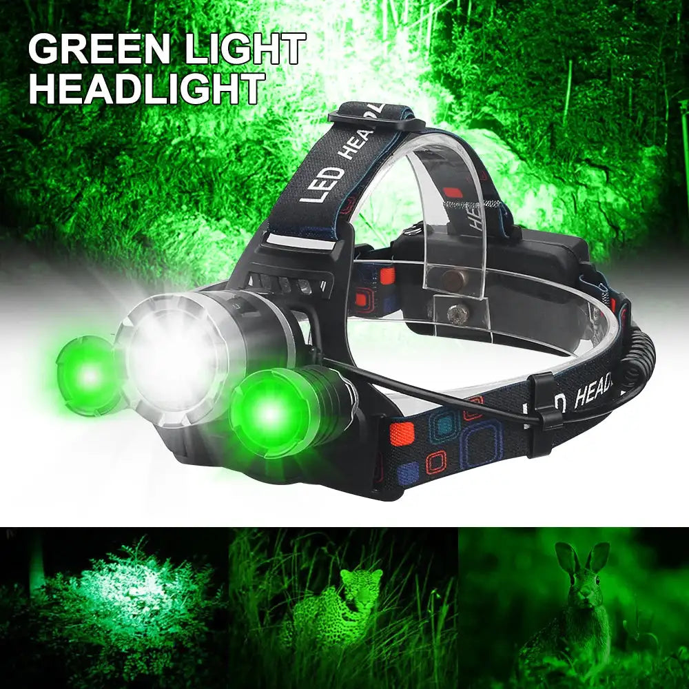Headlamp Green/Red/UV395nm+White Dual Light Rechargeable Fixed Focus Waterproof 4Modes Headlight Hunting Camping Hiking Working - Lootquake