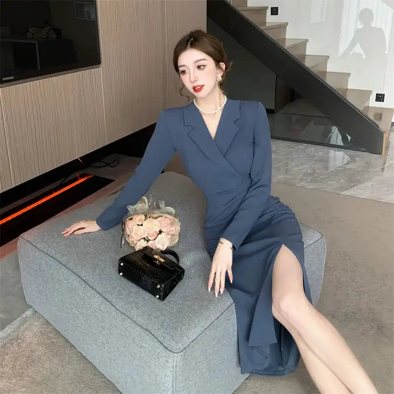 Women Pink Pleated Bodycon Formal Long Dress Autumn Winter Long Sleeve Chic Suit Dress 2025 Korean Fashion Elegant Party Dresses - Lootquake
