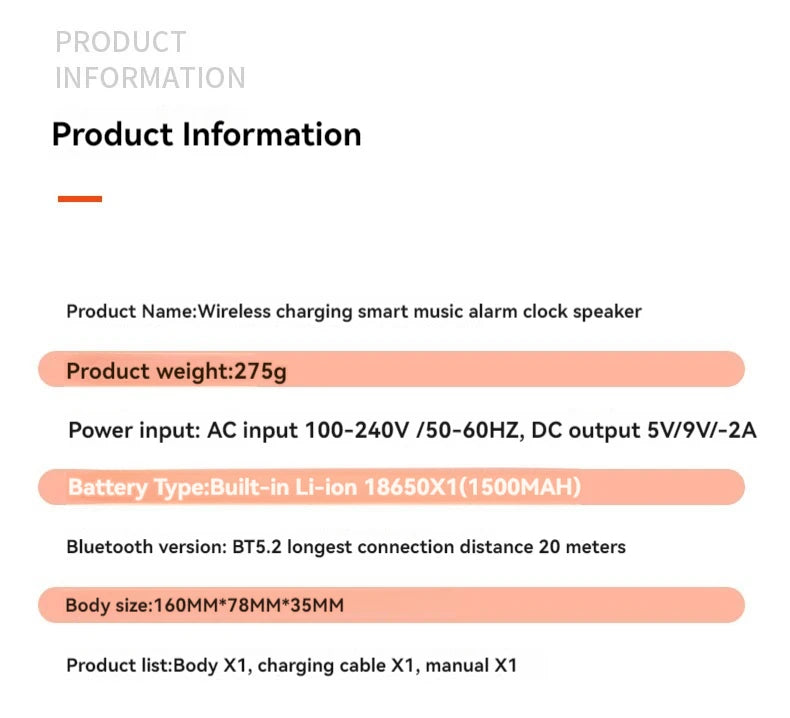 Altavoz Bluetooth portátil con carga inalámbrica, luz ambiental, reloj, función de alarma, altavoz doble, carga USB