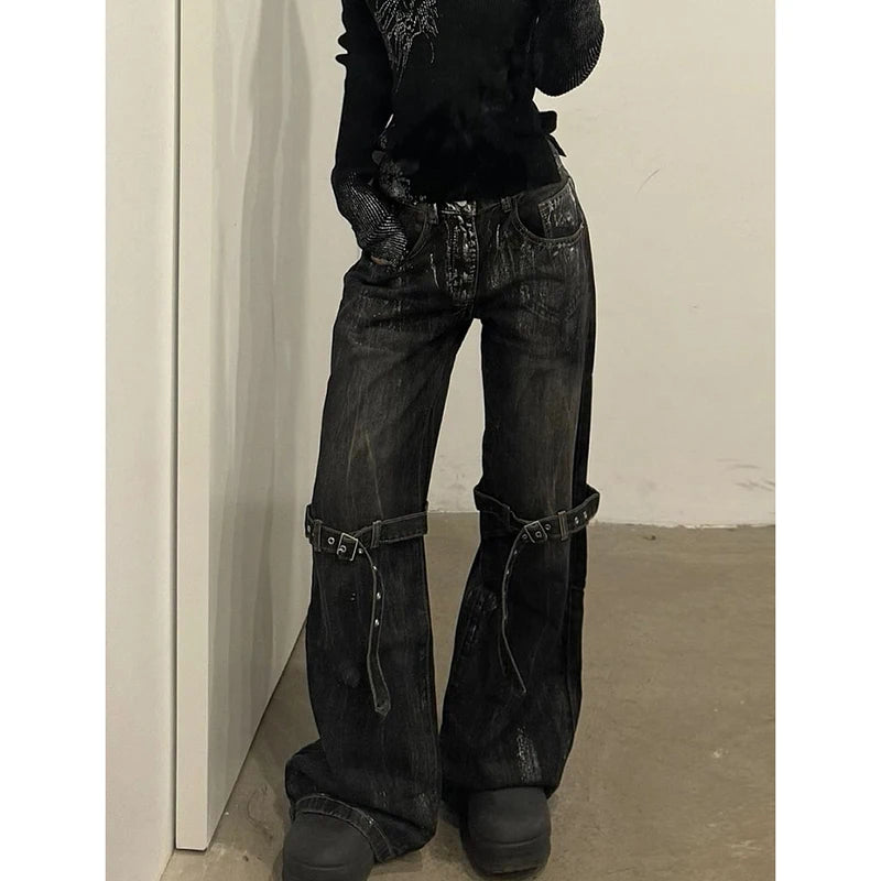 Black Women's Jeans High Waist Hip Hop Straight Fashion Pants Streetwear Harajuku Y2K Star 2024 Female Wide Leg Denim Trouser - Lootquake