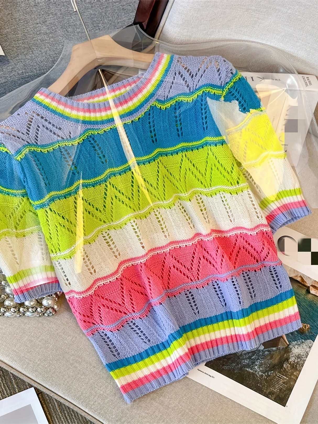 2024 New Summer Hollow Out Eyelet Rainbow Striped T-shirt Casual Crew Neck Short Sleeve T-shirt Women's Clothing Crop Top - Lootquake