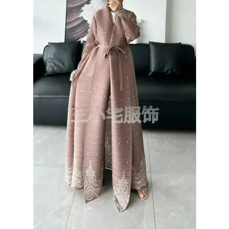 Autumn and Winter New Abaya Fashion Lapel Pleated Long Sleeved Cardigan Windbreaker Jacket Saudi Abayas for Women - Lootquake