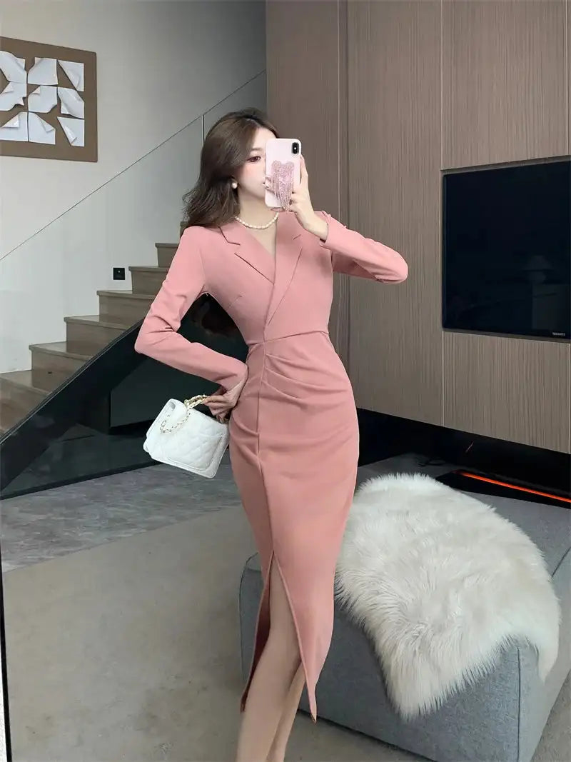 Women Pink Pleated Bodycon Formal Long Dress Autumn Winter Long Sleeve Chic Suit Dress 2025 Korean Fashion Elegant Party Dresses - Lootquake