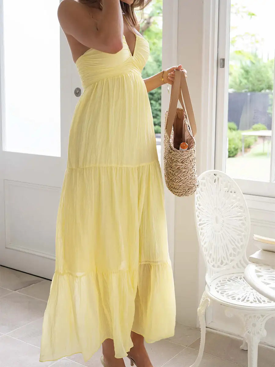 Women Low Cut Backless Maxi Dresses Elegant Spaghetti Strap Tiered Long Dress Relax Fit Open Back Cutout Flowy Sundress - Lootquake