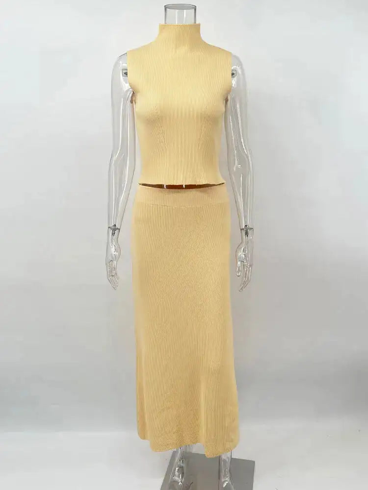 Conjunto elegante de dos piezas de punto Tossy: vestido largo, suéter acanalado y falda larga de patchwork suelta para mujer.