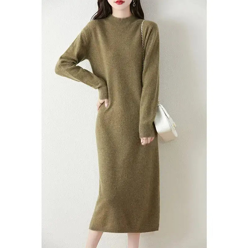 Vestido largo de lana para mujer, jersey de cuello alto de cachemira, 100 % lana merino, tejido de punto suave, vestido básico sencillo para otoño e invierno.