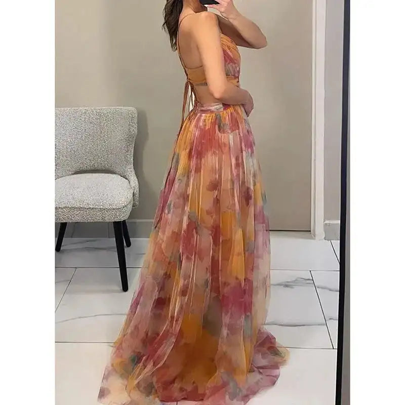 Elegant Print Pleated Mesh Evening Dress Sexy Off Shoulder Ins Vacation Long Dress Summer V Neck High Waist Backless Sling Dress - Lootquake