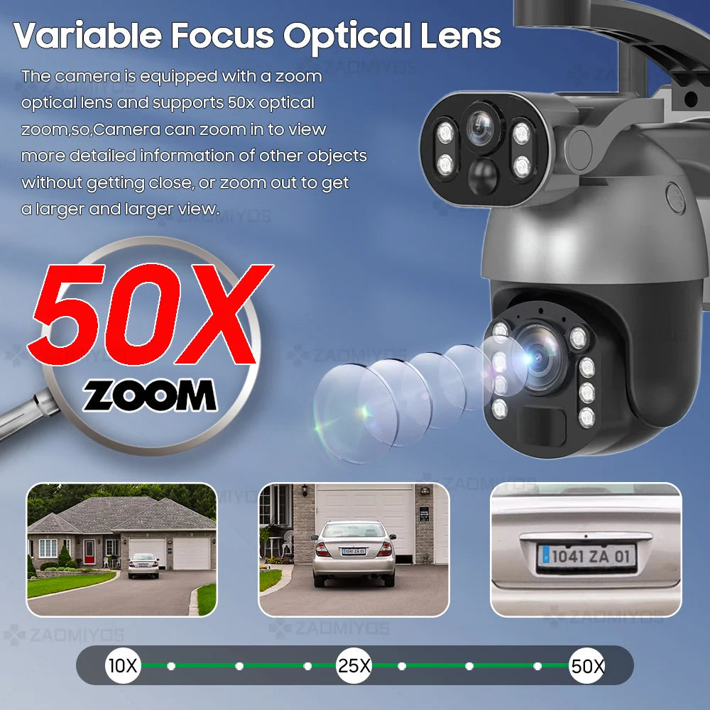 Caméra solaire 10 MP, zoom x50, double objectif, 4G, SIM, WIFI, surveillance extérieure, PTZ, détection humaine, enregistrement, vision nocturne