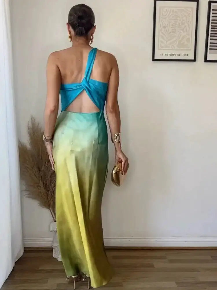 Gradient Long Dress Women Elegant One Shoulder Sleeveless Party Dress Female 2024 Summer Backless Tie-dye Lady Mermaid Robe - Lootquake