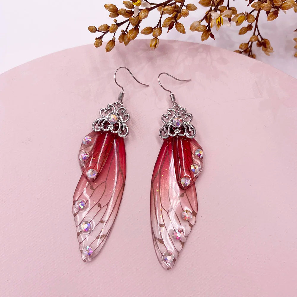 New Handmade Fairy Simulation Wing Earrings Insect Butterfly Wing Drop Earrings Foil Rhinestone Earrings Romantic Bridal Jewelry - Lootquake