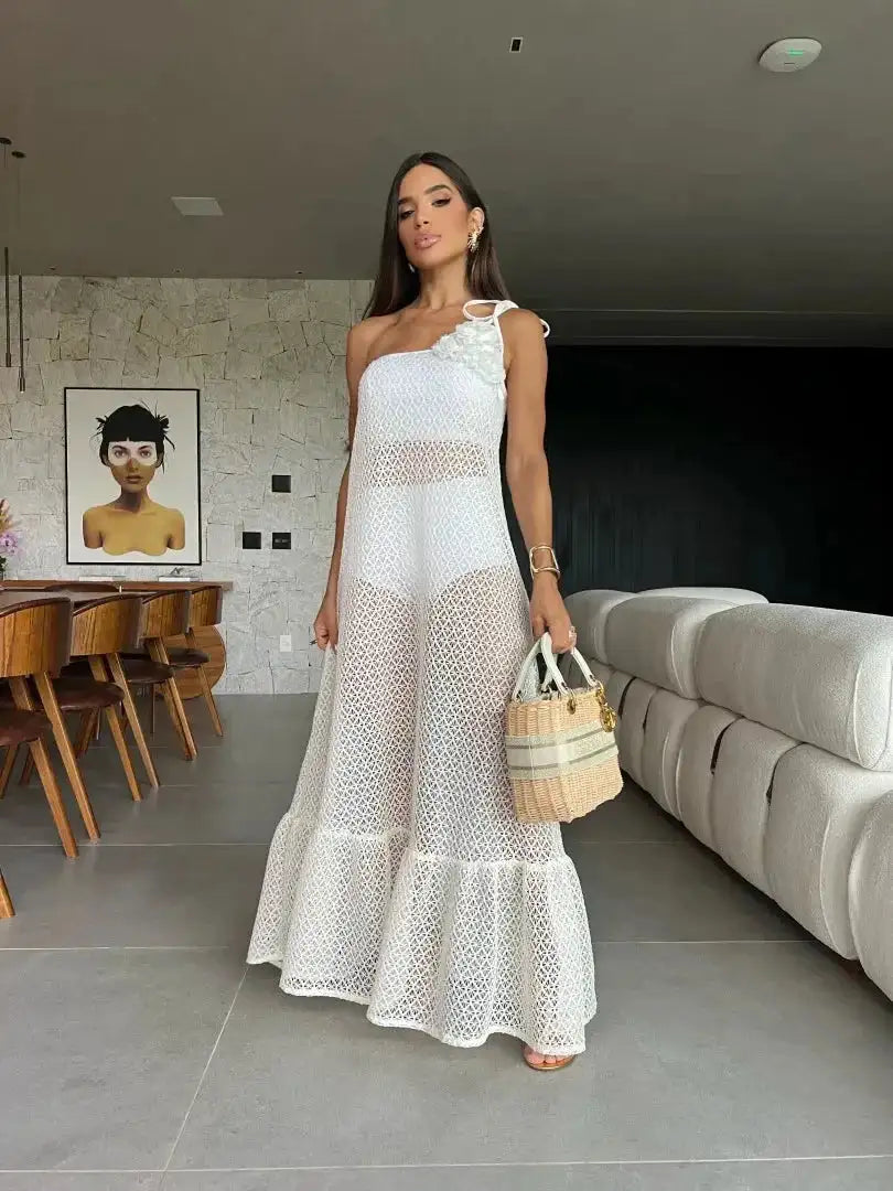 Sexy 3D Flower Long Dress Women 2024 Summer Semi-sheer Party Dresses Elegant Slim One Shoulder Maxi Vestidos Holiday Beach Robe - Lootquake