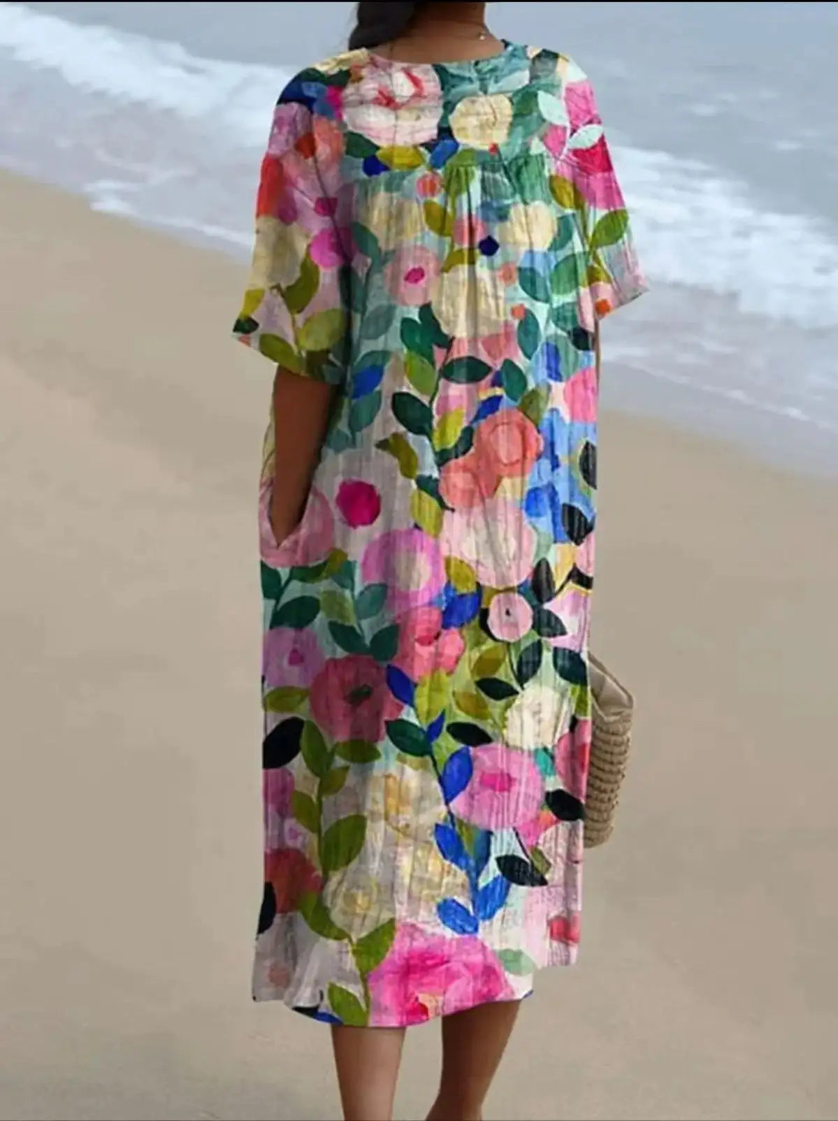 Casual Short Sleeved V-neck Big Swing Dress 2024 New Women's Loose Printed Long Dress Female Retro Flower Print Pullover Dresses - Lootquake