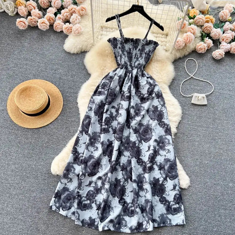YuooMuoo Korean Fashion Rose Flower Print Romantic Retro Party Dress Summer Elastic High Waist Vacation Long Dress Beach Vestido - Lootquake
