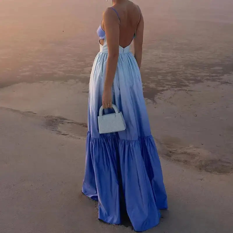 2024 New Spaghetti Strap Gradient Print Long Dress Lady Sexy V-neck Hollow Backless Evening Dress Elegant Sleeveless Slim Dress - Lootquake